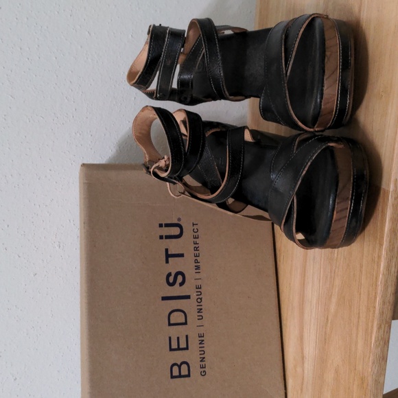 BedStu Juliana Black Leather Platform Wedge Sandals sz 11 New w Box - Picture 8 of 12